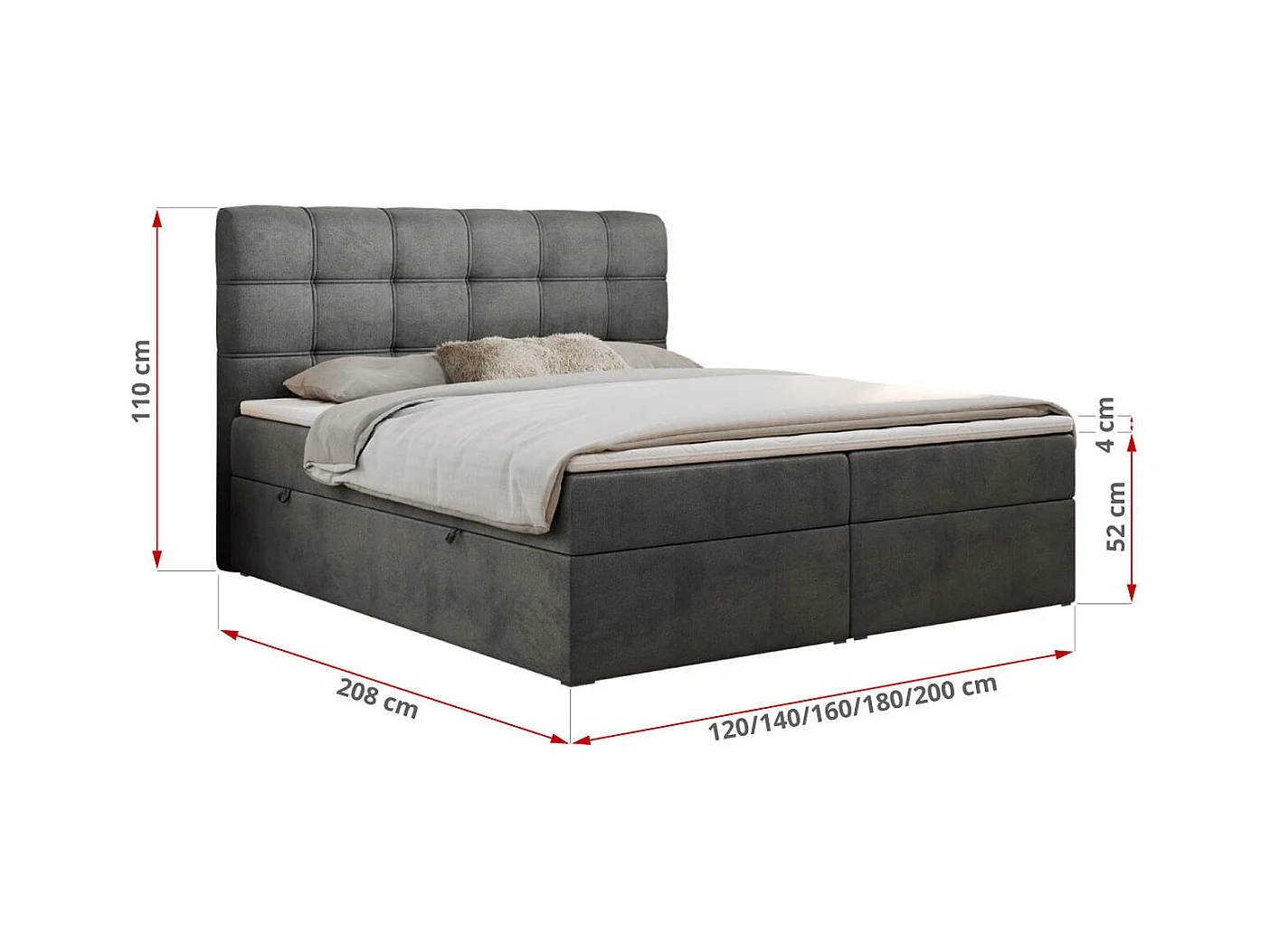 Boxspringbett FAST - Doppelbett mit Stauraum, gestepptes Kopfteil, Multipocket-Matratze - 180x200 cm - H3 - Dunkelgrau Velvet