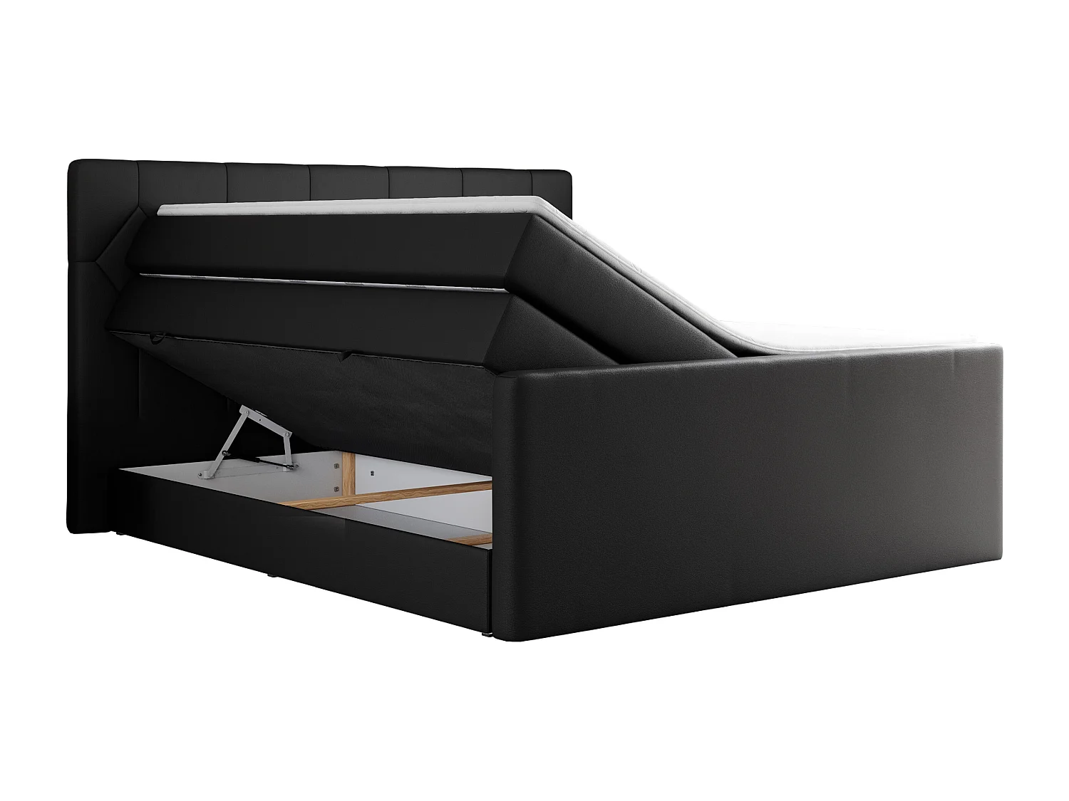 Boxspringbett EIGAR KING - Doppelbett mit genähtem Kopfteil, zwei Multipocket-Matratzen, Polsterbett für Schlafzimmer - 160x200 cm - H4 - Schwarz Kunstleder