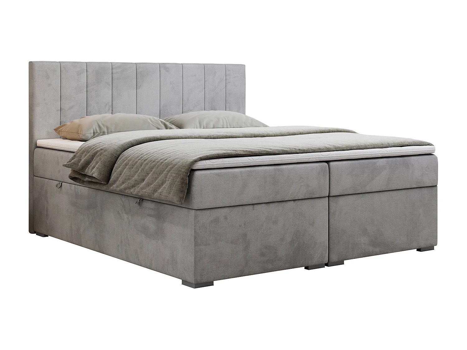 Boxspringbett LOPE - genähtes Kopfteil, Doppelbett mit Stauraum, Multipocket-Matratze, Topper - 160x200 cm - H3 - Hellgrau Velvet