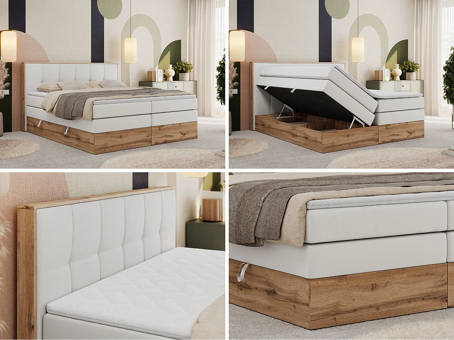 Boxspringbett ALBERO 1 KING - zwei 7 Härtezonen Multipocket-Matratzen, Doppelbett mit Stauraum, Eiche Wotan Holzrahmen - 180x200 cm - H3 - Weiß Kunstleder