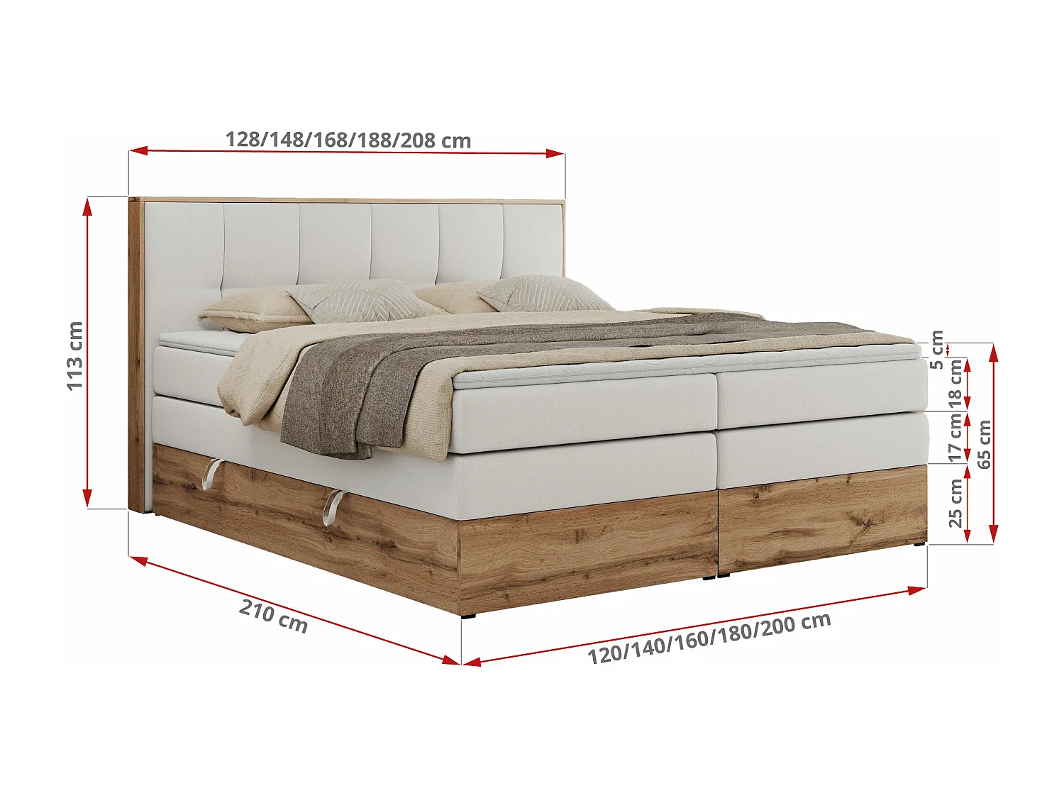 Boxspringbett ALBERO 1 KING - zwei 7 Härtezonen Multipocket-Matratzen, Doppelbett mit Stauraum, Eiche Wotan Holzrahmen - 180x200 cm - H3 - Weiß Kunstleder