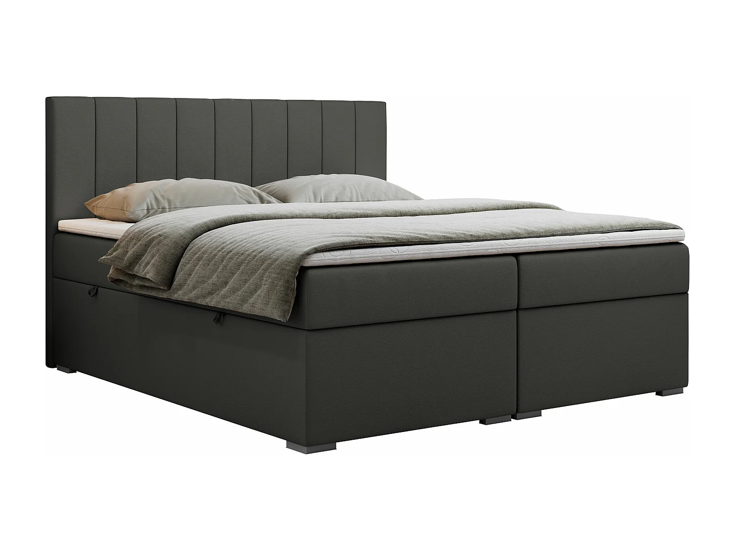 Boxspringbett LOPE - genähtes Kopfteil, Doppelbett mit Stauraum, Multipocket-Matratze, Topper - 160x200 cm - H4 - Dunkelgrau Kunstleder