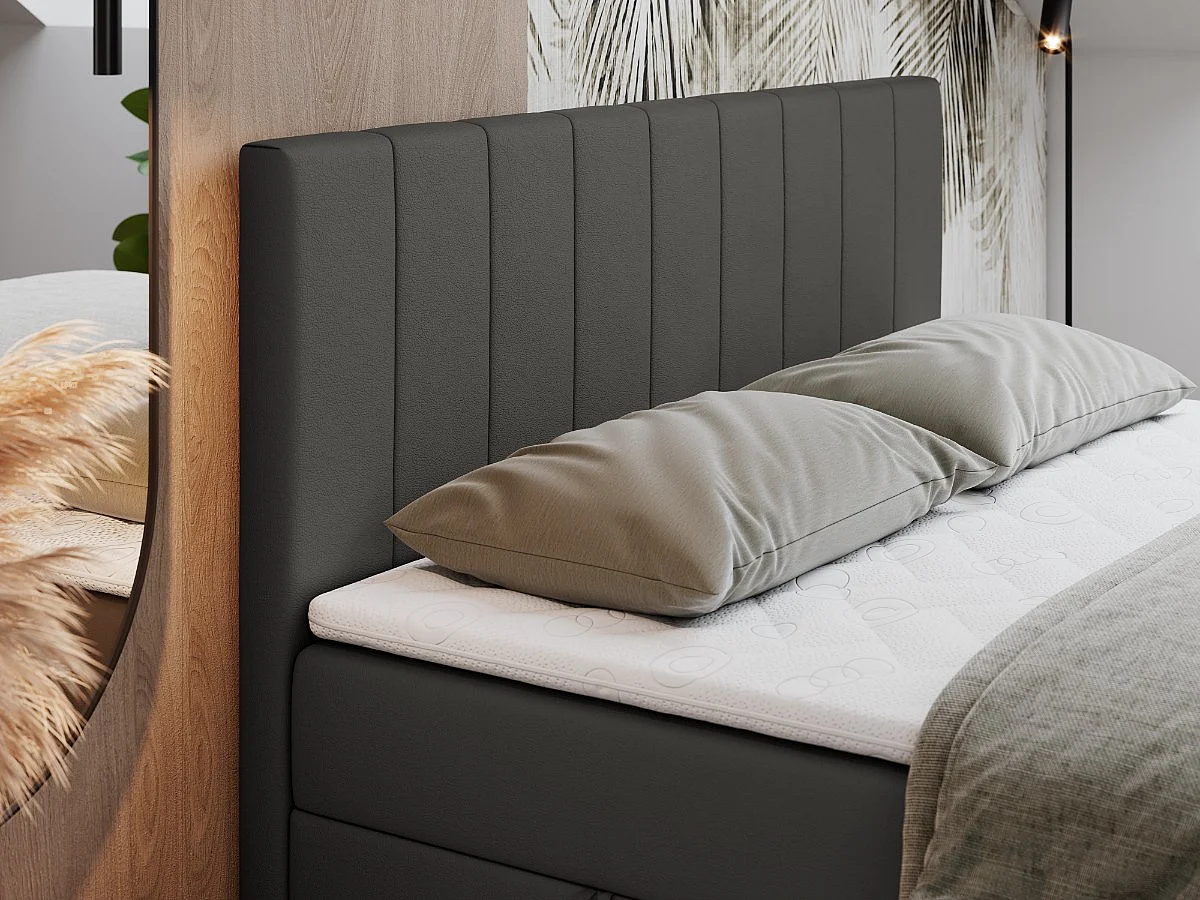 Boxspringbett LOPE - genähtes Kopfteil, Doppelbett mit Stauraum, Multipocket-Matratze, Topper - 160x200 cm - H4 - Dunkelgrau Kunstleder