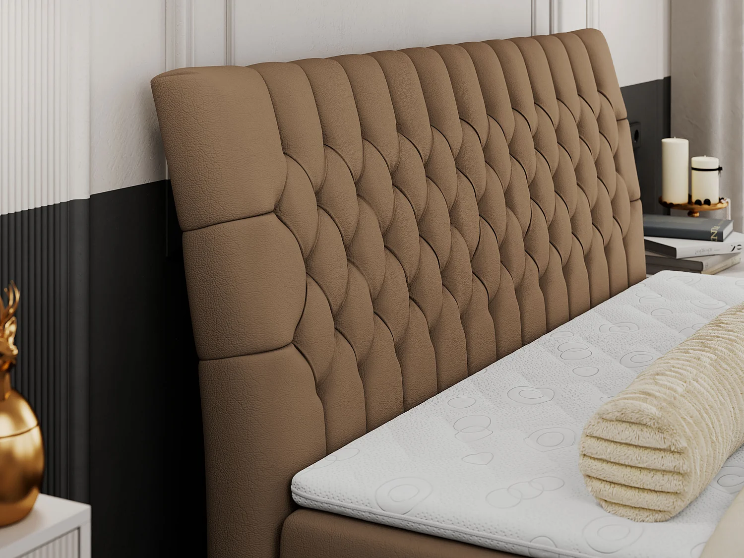 Boxspringbett MILEN - gepolstertes Schlafzimmerbett, zwei Multipocket-Matratze, dekorative hohe Beine - 140x200 cm - H3 - Braun Kunstleder