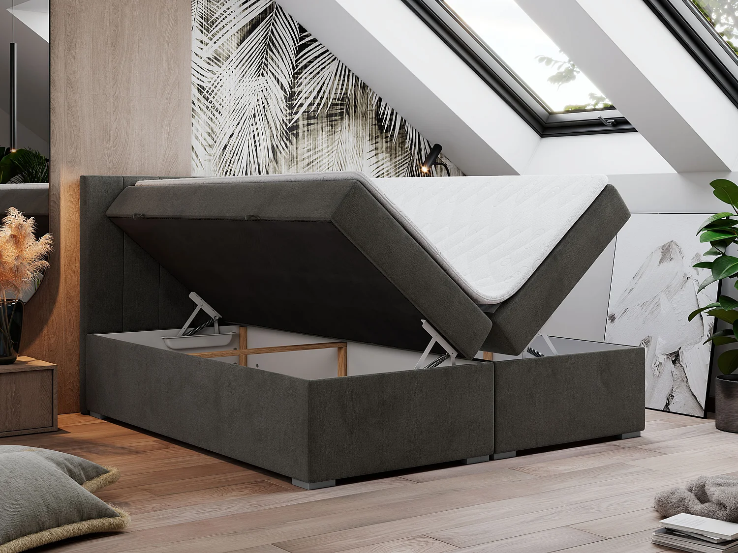 Boxspringbett LOPE - genähtes Kopfteil, Doppelbett mit Stauraum, Multipocket-Matratze, Topper - 160x200 cm - H3 - Dunkelgrau Velvet