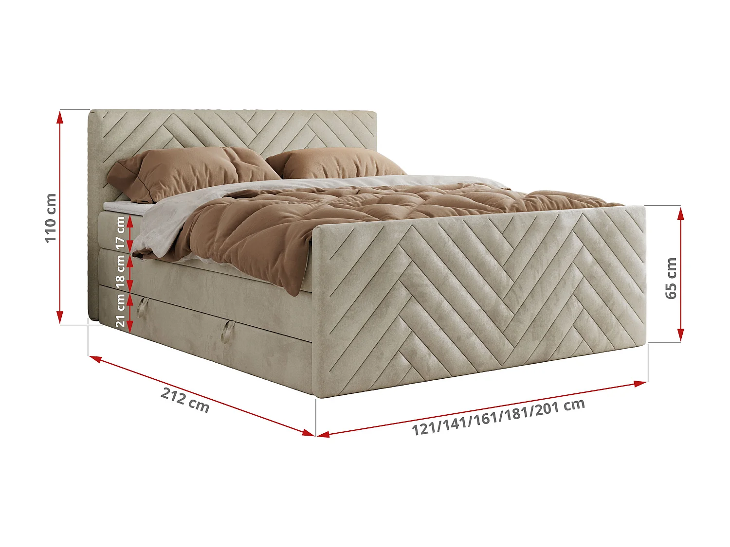 Boxspringbett PARIS KING DUO - dekorative Kopfstütze und Front, zwei Multipocket-Matratze mit Topper - 140x200 cm - H3 - Beige Velvet