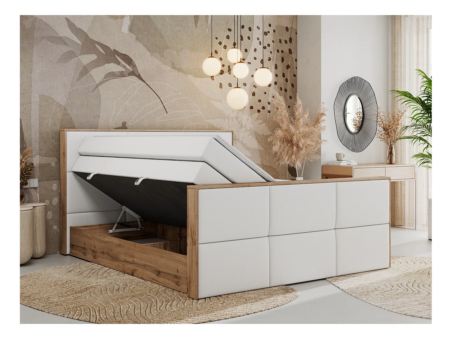 Boxspringbett ALBERO 2 KING DUO - Eiche Wotan Holzrahmen, zwei Multipocket-Matratzen, Bettkästen - 160x200 cm - H3 - Weiß Kunstleder