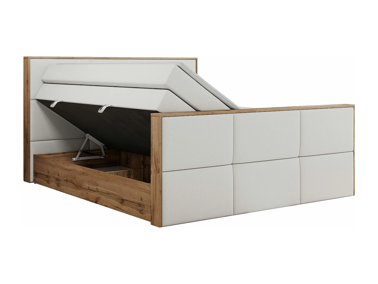 Boxspringbett ALBERO 2 KING DUO - Eiche Wotan Holzrahmen, zwei Multipocket-Matratzen, Bettkästen - 160x200 cm - H3 - Weiß Kunstleder