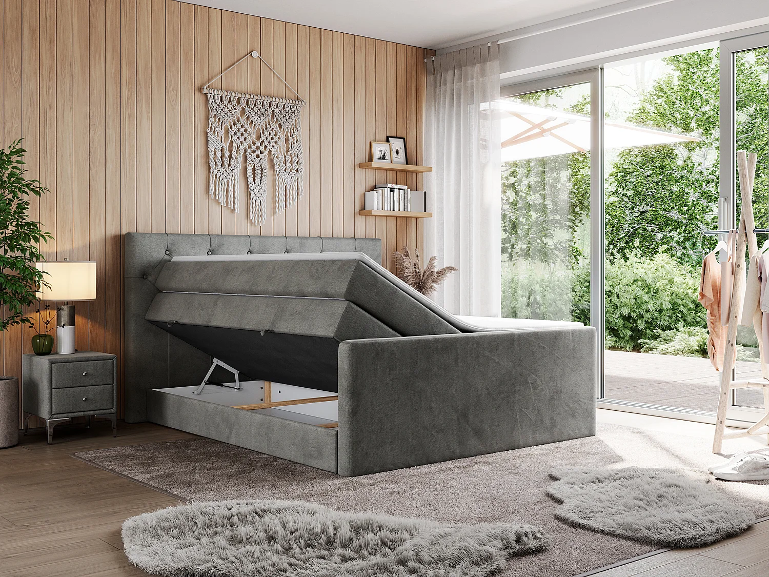 Boxspringbett VELEN KING - Doppelbett mit gestepptem Kopfteil, zwei Multipocket-Matratzen, Polsterbett mit Kopfstütze - 200x200 cm - H3 - Dunkelgrau Velvet