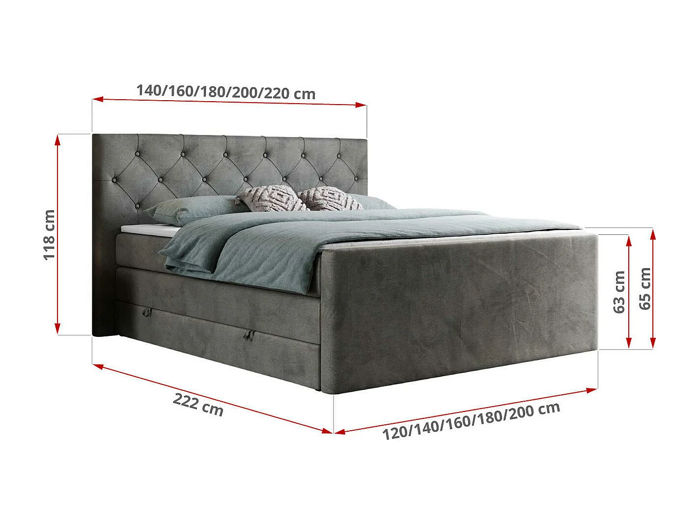 Boxspringbett VELEN KING - Doppelbett mit gestepptem Kopfteil, zwei Multipocket-Matratzen, Polsterbett mit Kopfstütze - 200x200 cm - H3 - Dunkelgrau Velvet