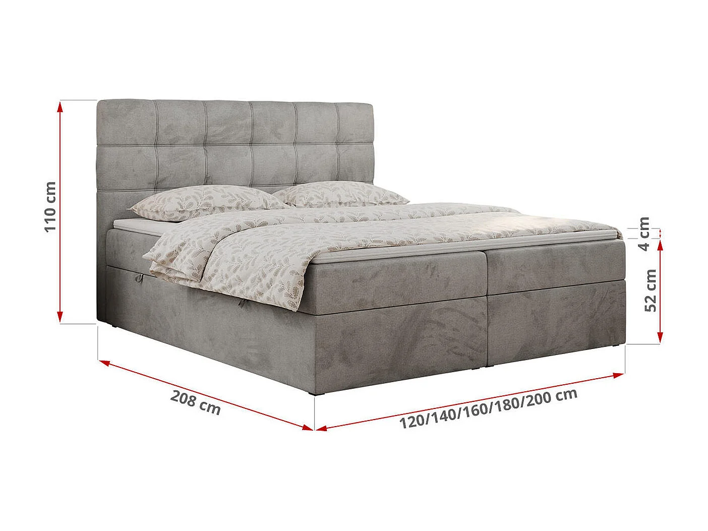 Boxspringbett ERNI - mit gestepptem Kopfteil, Polsterbett, Multipocket-Matratze und Topper, Bettkästen - 120x200 cm - H3 - Hellgrau Velvet