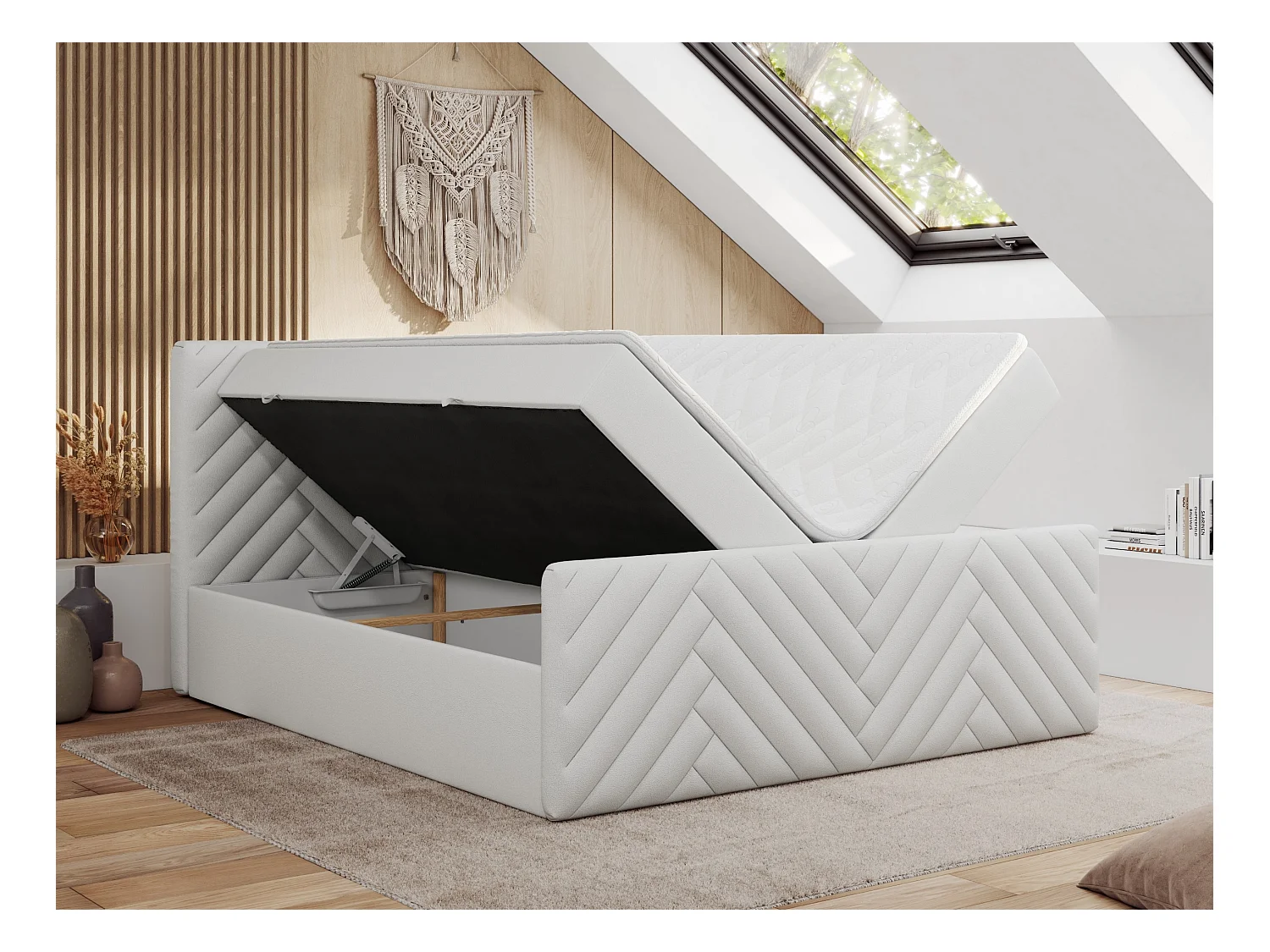 Boxspringbett PARIS DUO - Polsterbett mit genähtem Kopfteil und Frontplatte, Doppelbett, zwei Bettkästen - 140x200 cm - H3 - Weiß Kunstleder