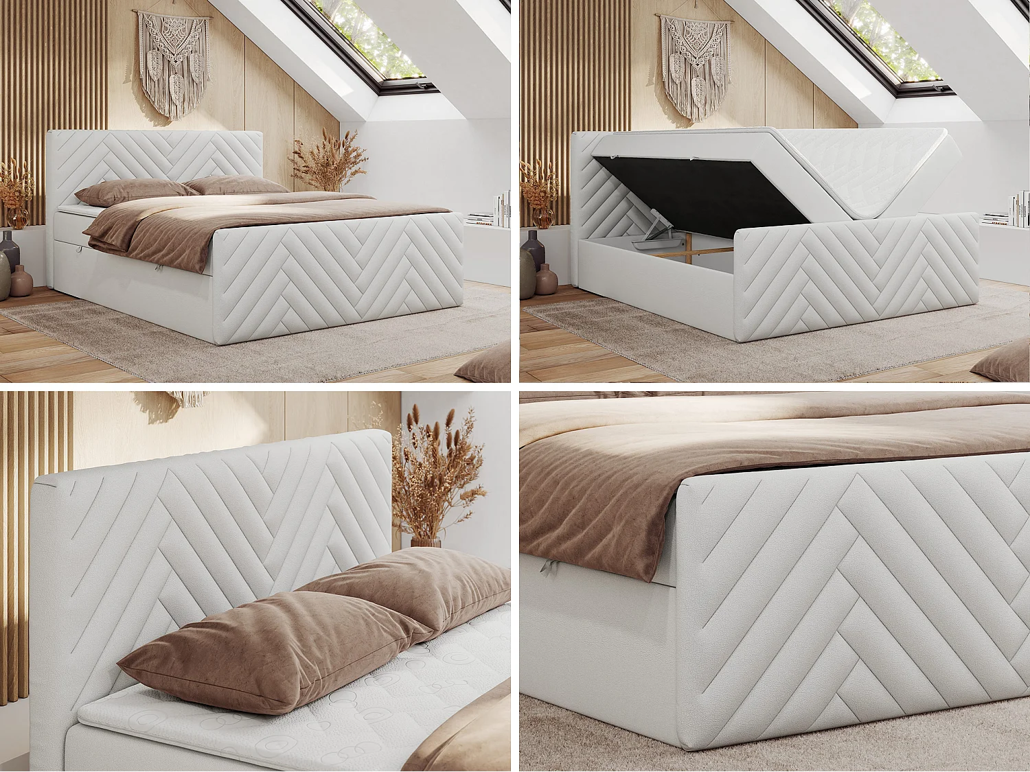 Boxspringbett PARIS DUO - Polsterbett mit genähtem Kopfteil und Frontplatte, Doppelbett, zwei Bettkästen - 140x200 cm - H3 - Weiß Kunstleder