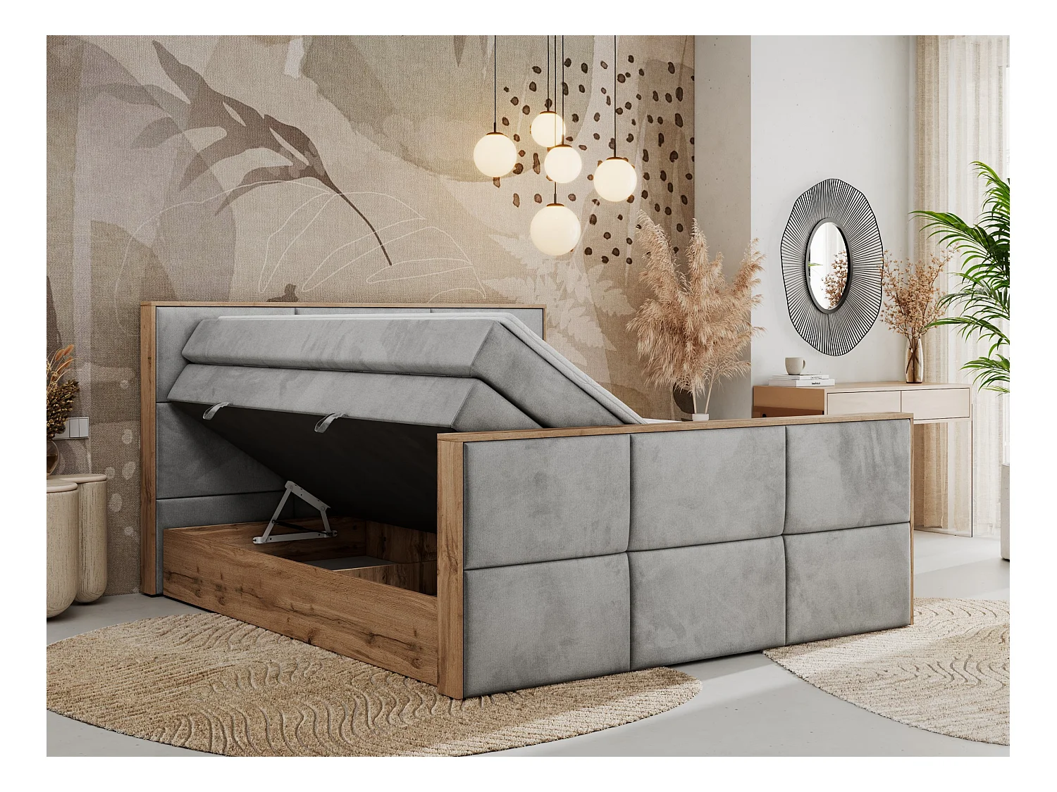 Boxspringbett ALBERO 2 KING DUO - Eiche Wotan Holzrahmen, zwei Multipocket-Matratzen, Bettkästen - 160x200 cm - H4 - Hellgrau Velvet