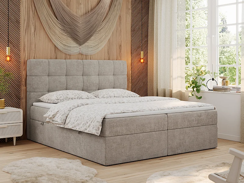 Boxspringbett ERNI - mit gestepptem Kopfteil, Polsterbett, Multipocket-Matratze und Topper, Bettkästen - 160x200 cm - H4 - Beige Stukture