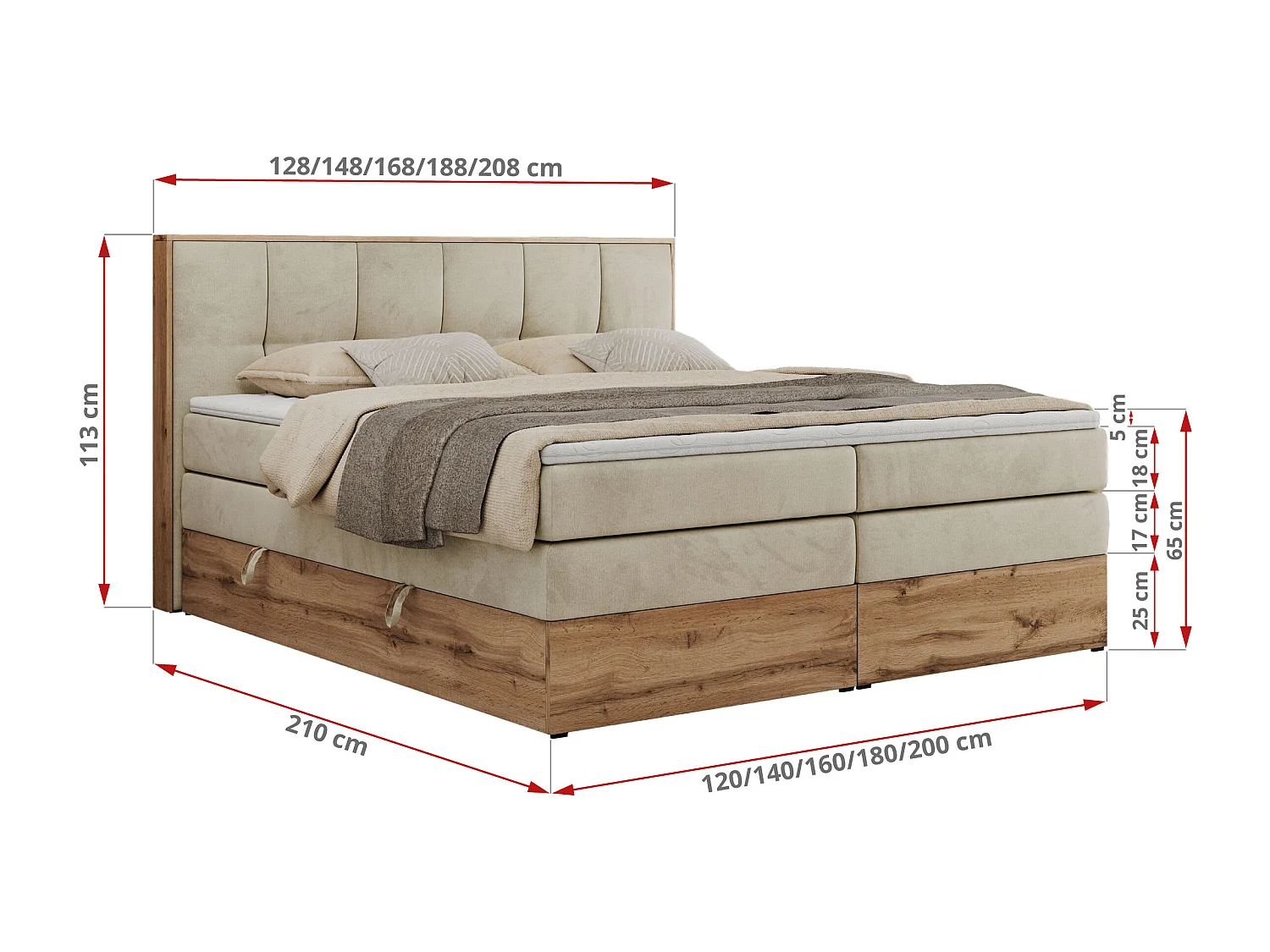 Boxspringbett ALBERO 1 KING - zwei 7 Härtezonen Multipocket-Matratzen, Doppelbett mit Stauraum, Eiche Wotan Holzrahmen - 120x200 cm - H4 - Beige Velvet