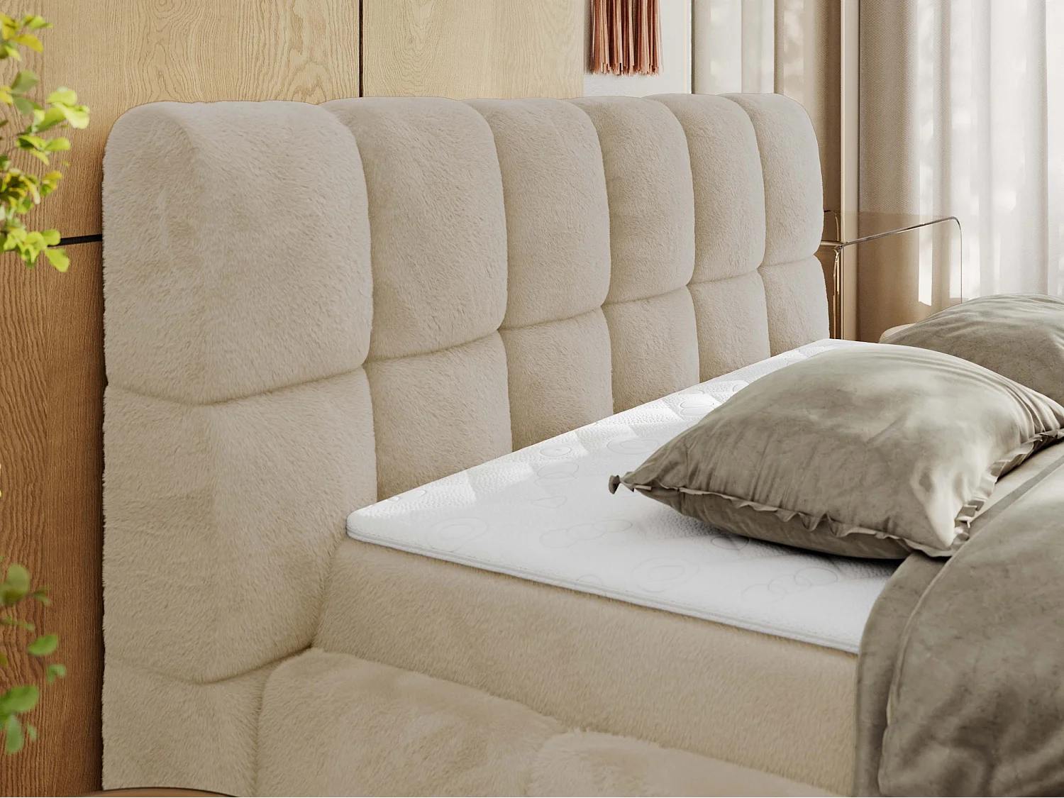 Boxspringbett NIRA - dekorativ kopfteil, Bettkästen und Multipocket-Matratze, Doppelbett für Schlafzimmer - 160x200 cm - H3 - Creme Plüsch