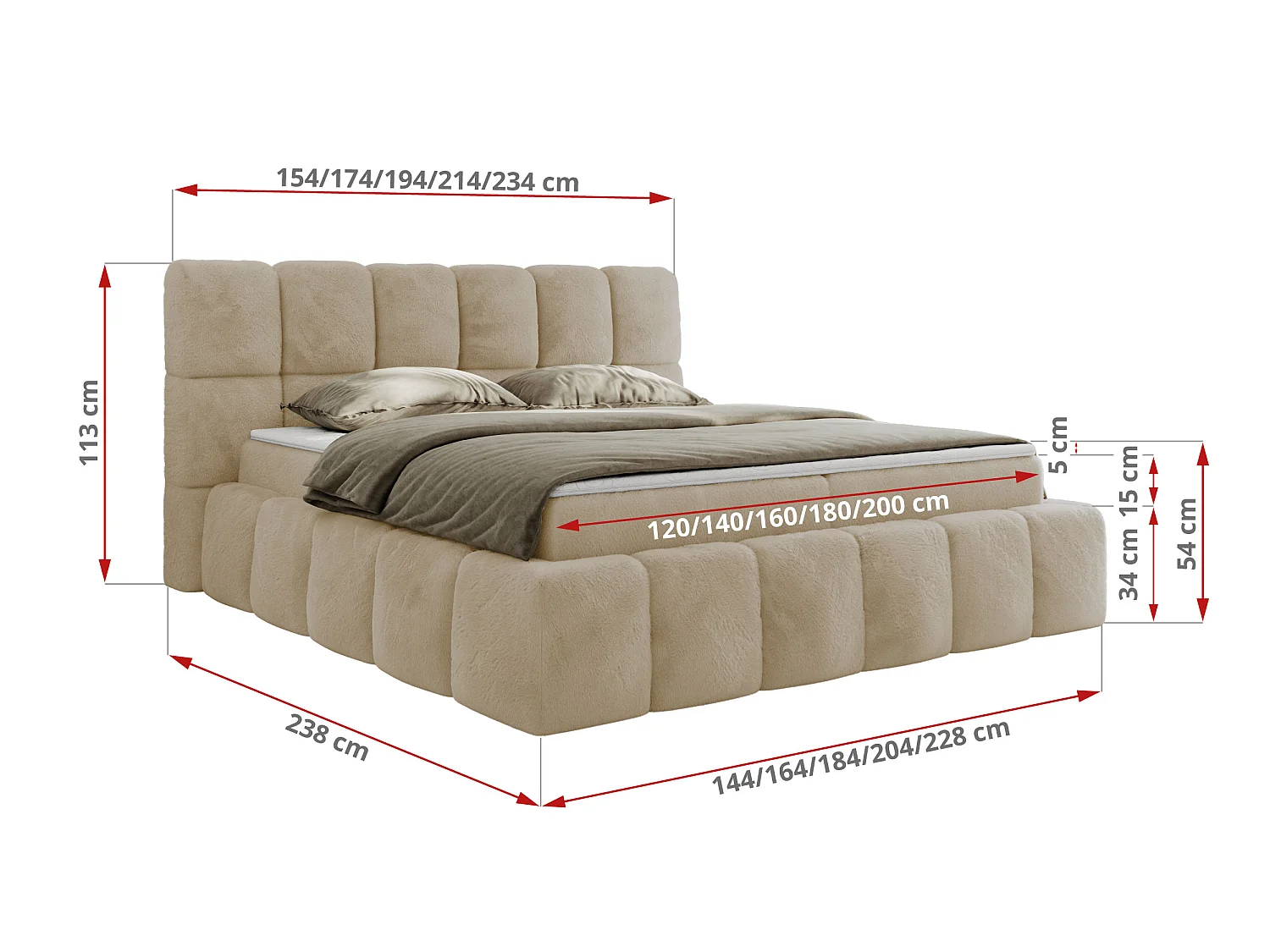 Boxspringbed met hoofdbord H3 + Topper T25 - Creme Pluche - 160x200 - NIRA