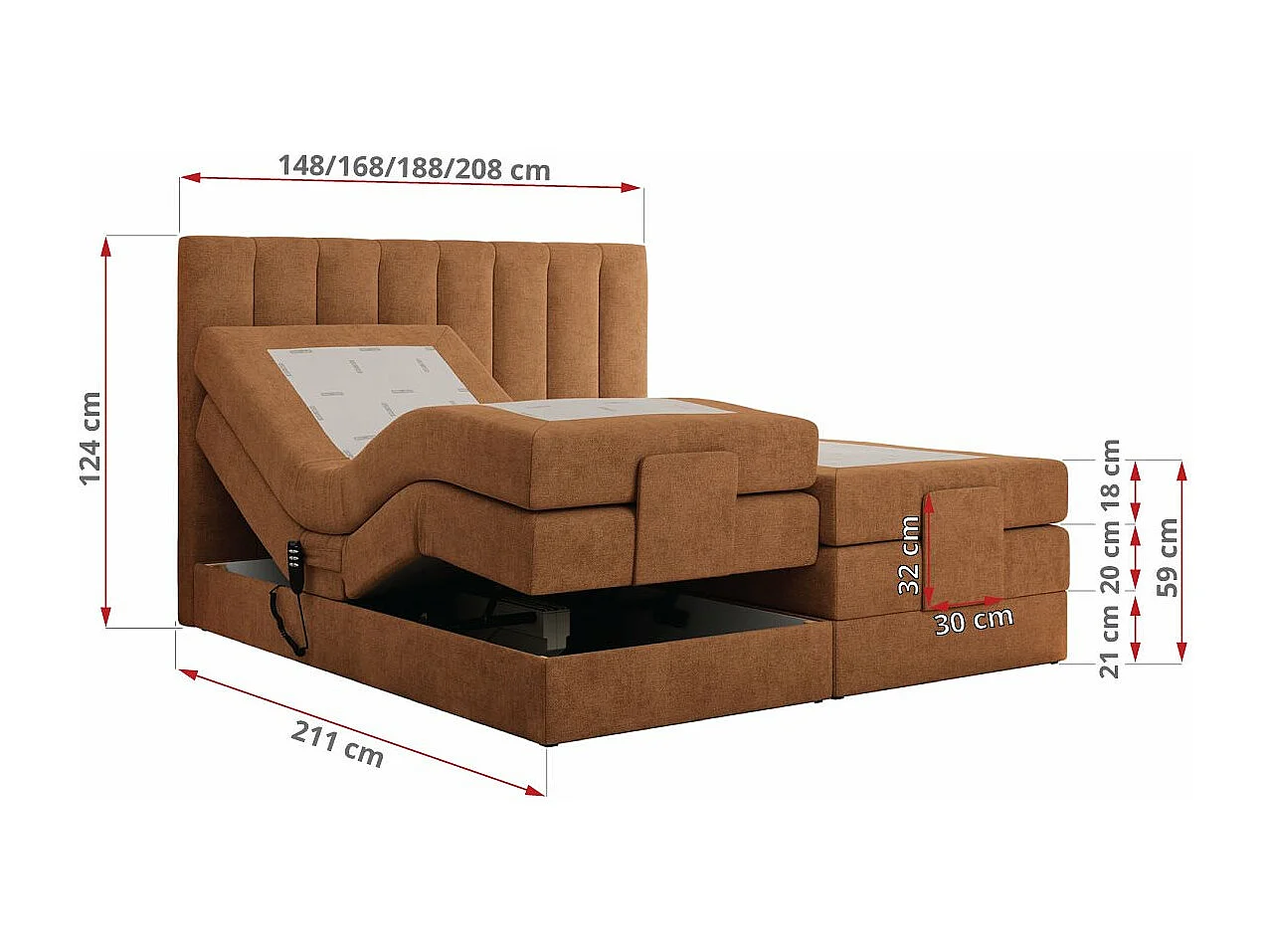 Boxspringbett COMFORTO - Doppelbett, Elektrisch verstellbare, Multipocket-Matratzen und Topper, genähtes Kopfteil - 140x200 cm - H3 - Orange Strukture