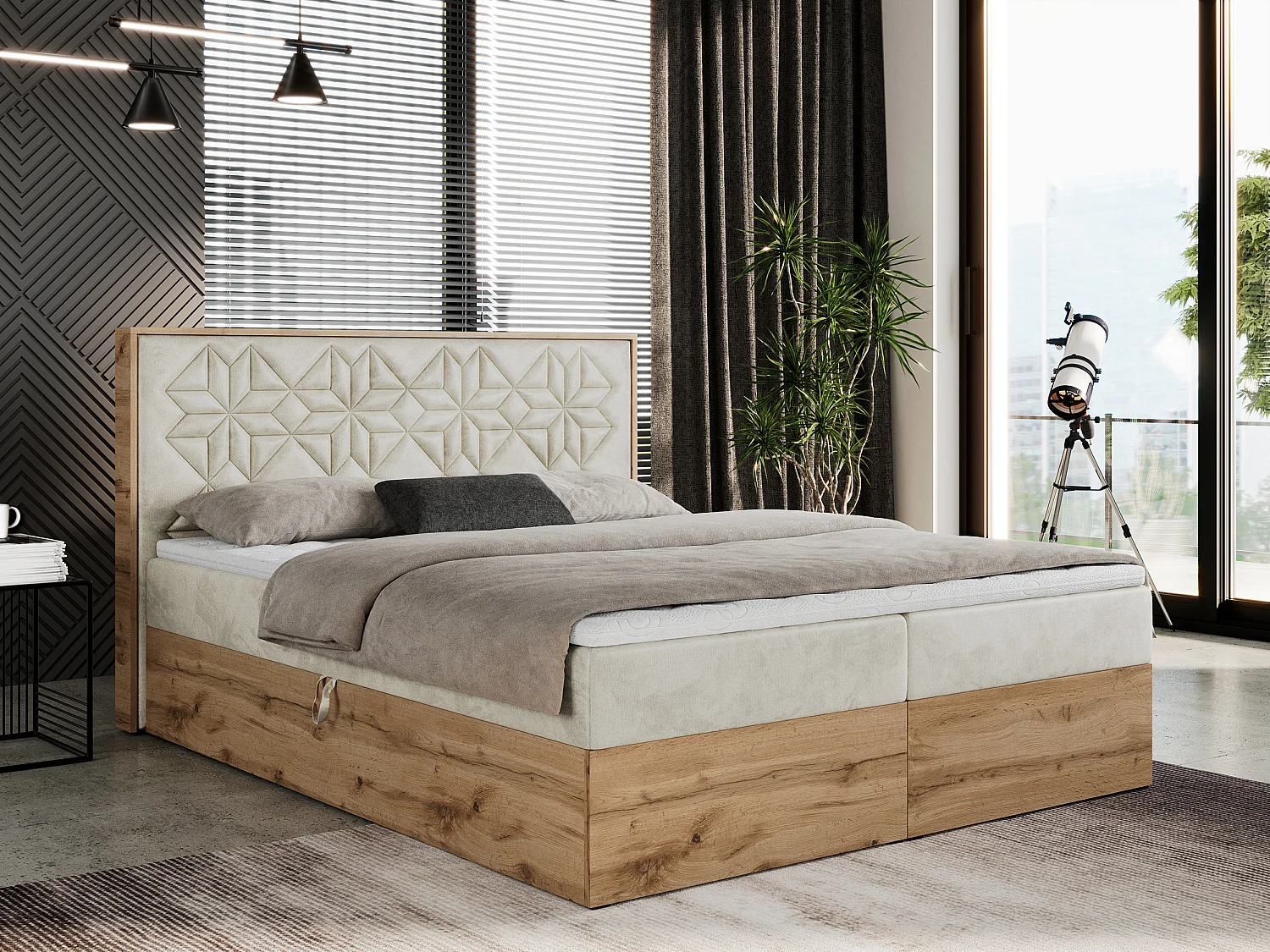 Boxspringbett NESSI - mit hoher Kopfstütze, Multipocket-Matratze und Topper, Doppelbett mit Bettkästen - 180x200 cm - H4 - Beige Velvet