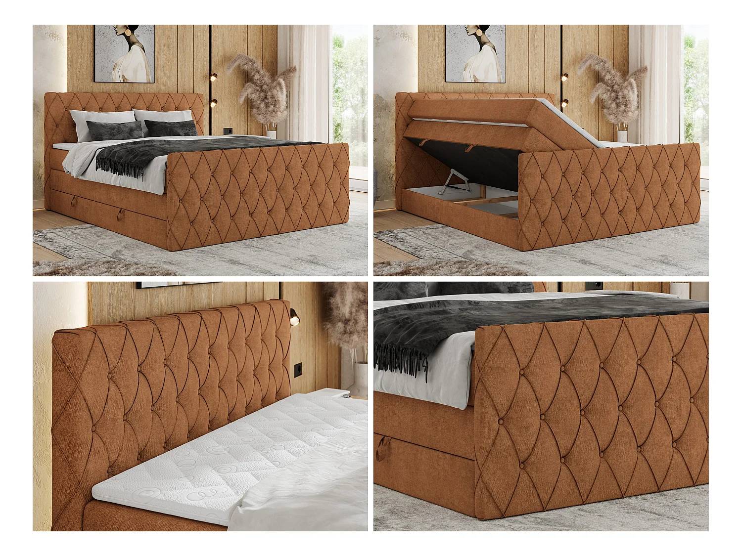 Boxspringbett MIREN KING DUO - für Schlafzimmer mit zwei Multipocket-Matratzen und Topper, gestepptes Kopfteil und Front  - 180x200 cm - H3 - Orange Strukture