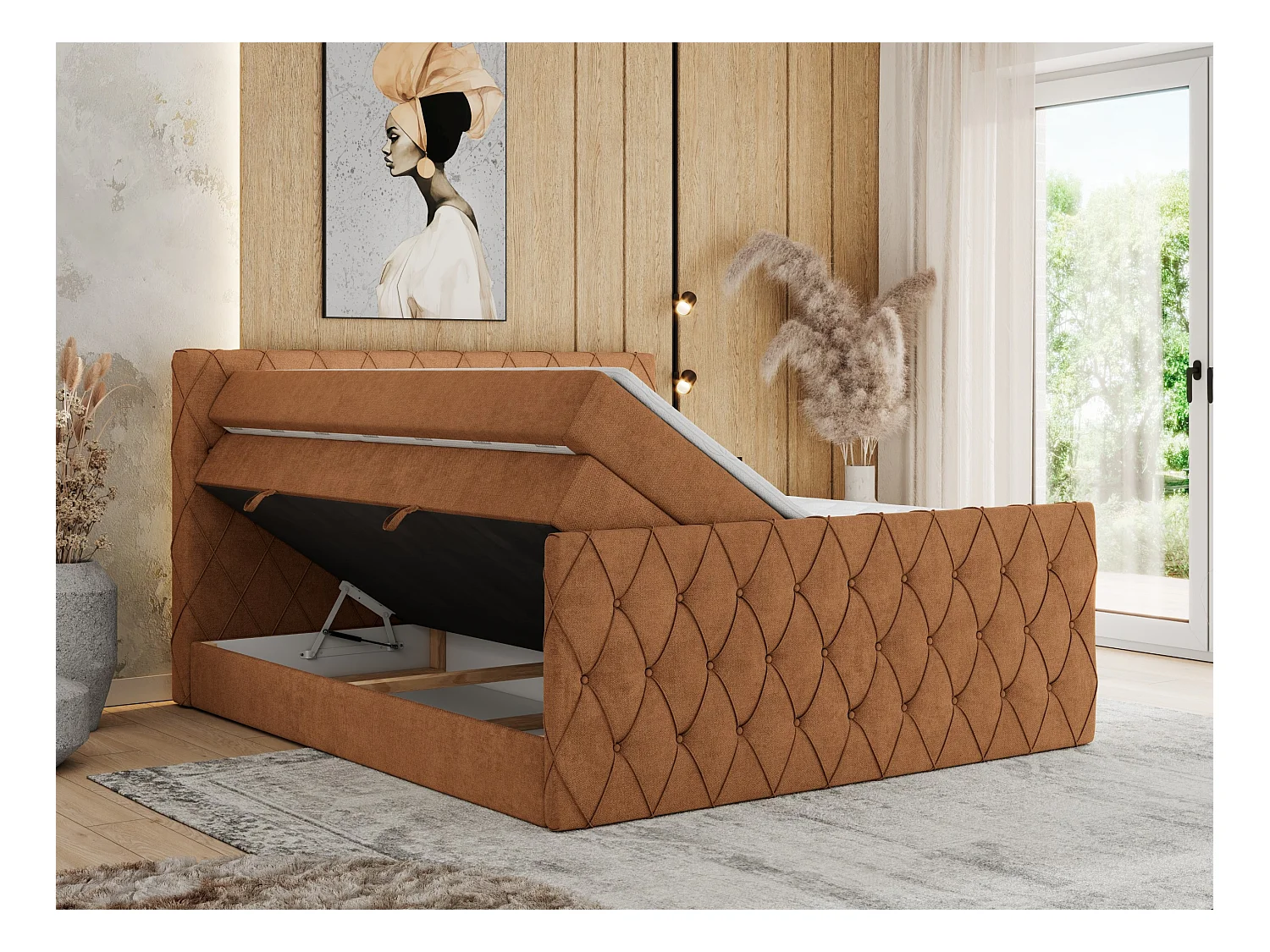 Boxspringbett MIREN KING DUO - für Schlafzimmer mit zwei Multipocket-Matratzen und Topper, gestepptes Kopfteil und Front  - 180x200 cm - H3 - Orange Strukture