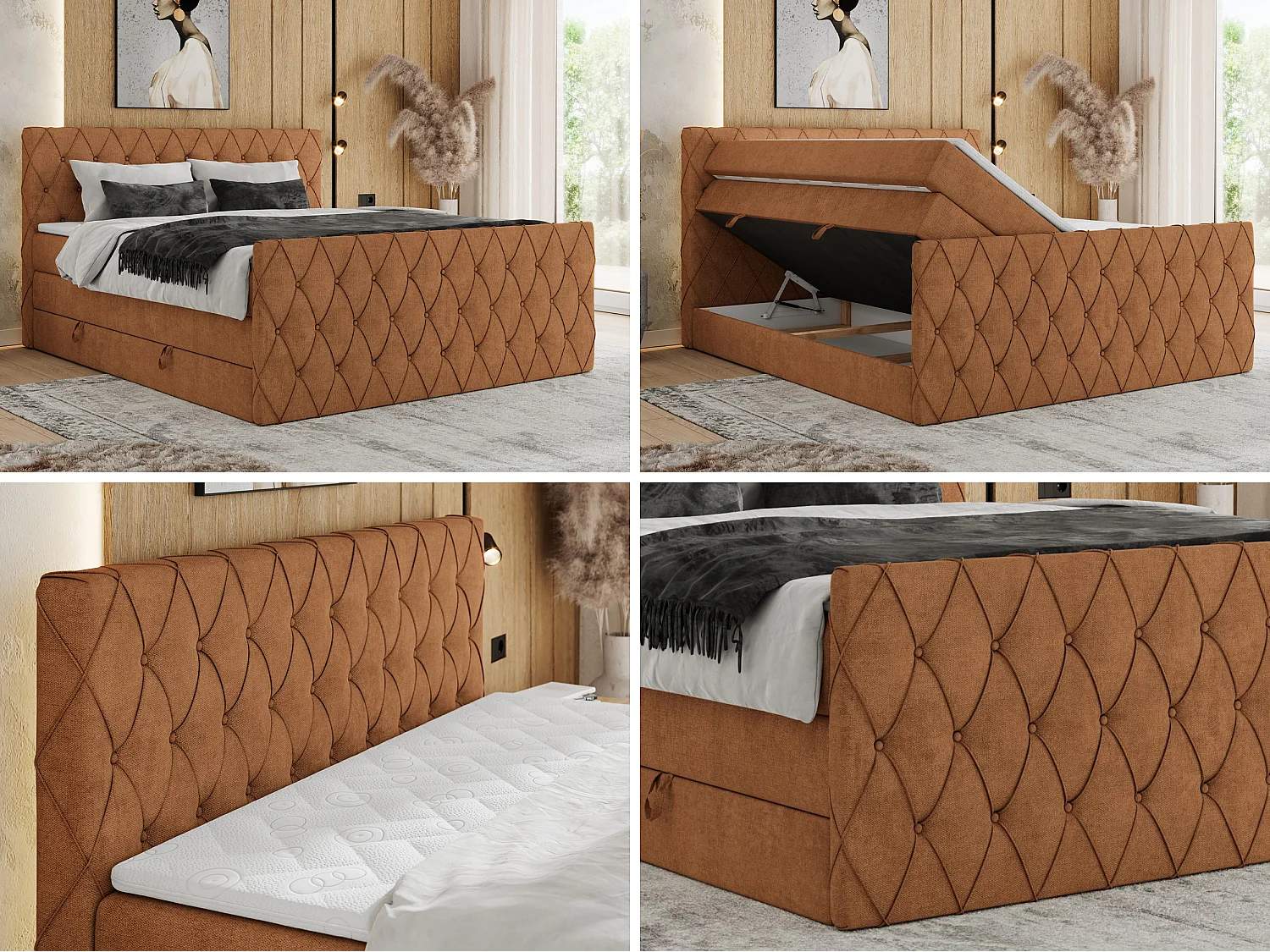 Boxspringbett MIREN KING DUO - für Schlafzimmer mit zwei Multipocket-Matratzen und Topper, gestepptes Kopfteil und Front  - 180x200 cm - H3 - Orange Strukture