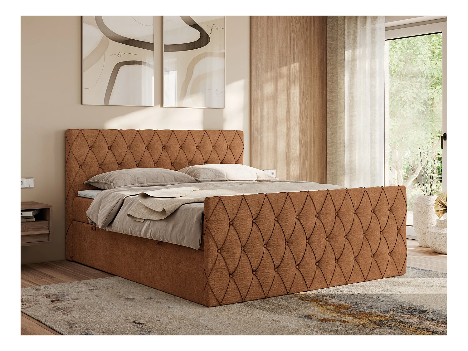 Boxspringbett MIREN DUO - mit gestepptem Kopfteil und Front, Multipocket-Matratze, zwei Bettkästen - 160x200 cm - H4 - Orange Strukture