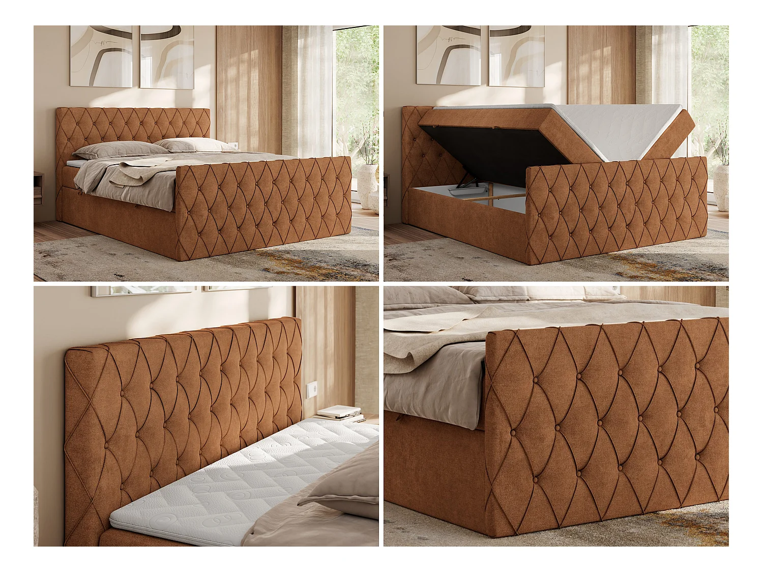 Boxspringbett MIREN DUO - mit gestepptem Kopfteil und Front, Multipocket-Matratze, zwei Bettkästen - 160x200 cm - H4 - Orange Strukture