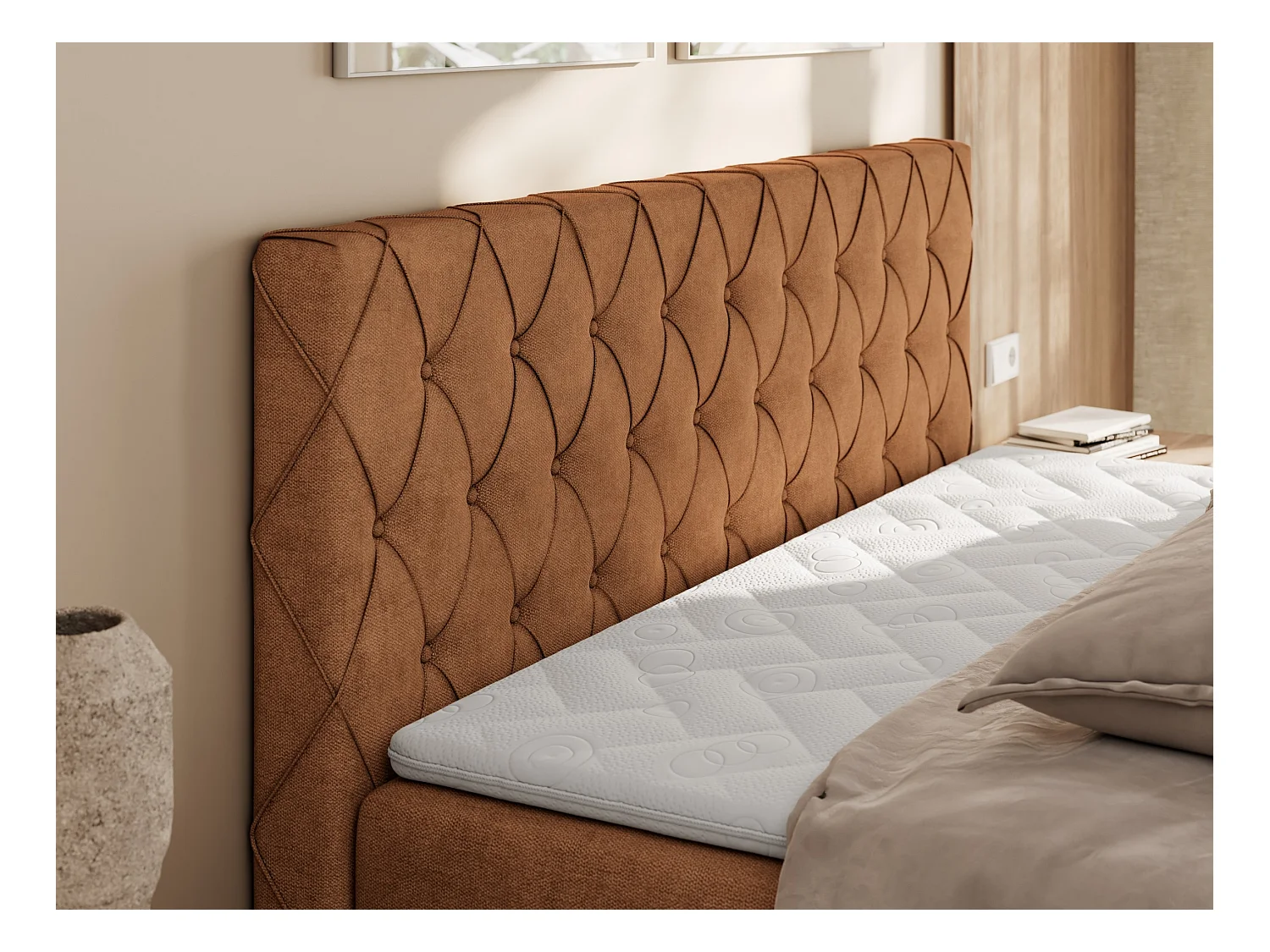 Boxspringbett MIREN DUO - mit gestepptem Kopfteil und Front, Multipocket-Matratze, zwei Bettkästen - 160x200 cm - H4 - Orange Strukture