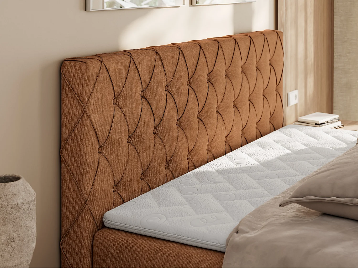 Boxspringbett MIREN DUO - mit gestepptem Kopfteil und Front, Multipocket-Matratze, zwei Bettkästen - 160x200 cm - H4 - Orange Strukture