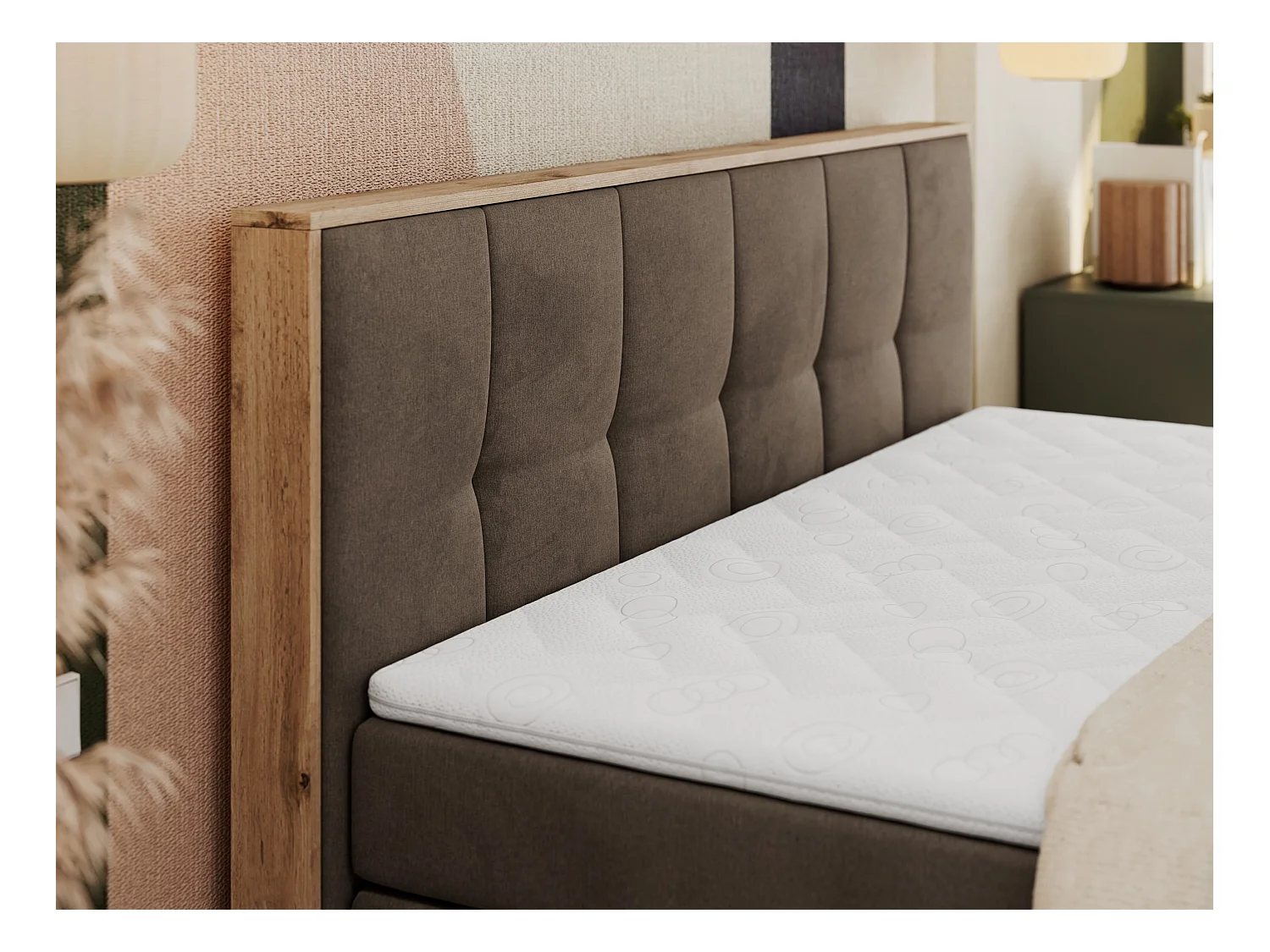 Boxspringbett ALBERO 1 KING - zwei 7 Härtezonen Multipocket-Matratzen, Doppelbett mit Stauraum, Eiche Wotan Holzrahmen - 140x200 cm - H4 - Braun Velvet