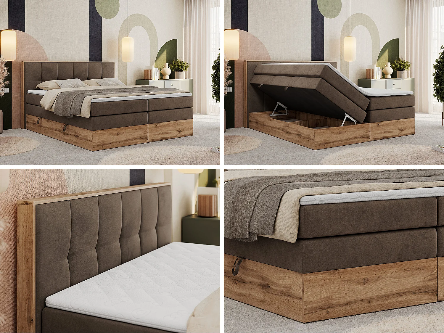 Boxspringbett ALBERO 1 KING - zwei 7 Härtezonen Multipocket-Matratzen, Doppelbett mit Stauraum, Eiche Wotan Holzrahmen - 140x200 cm - H4 - Braun Velvet