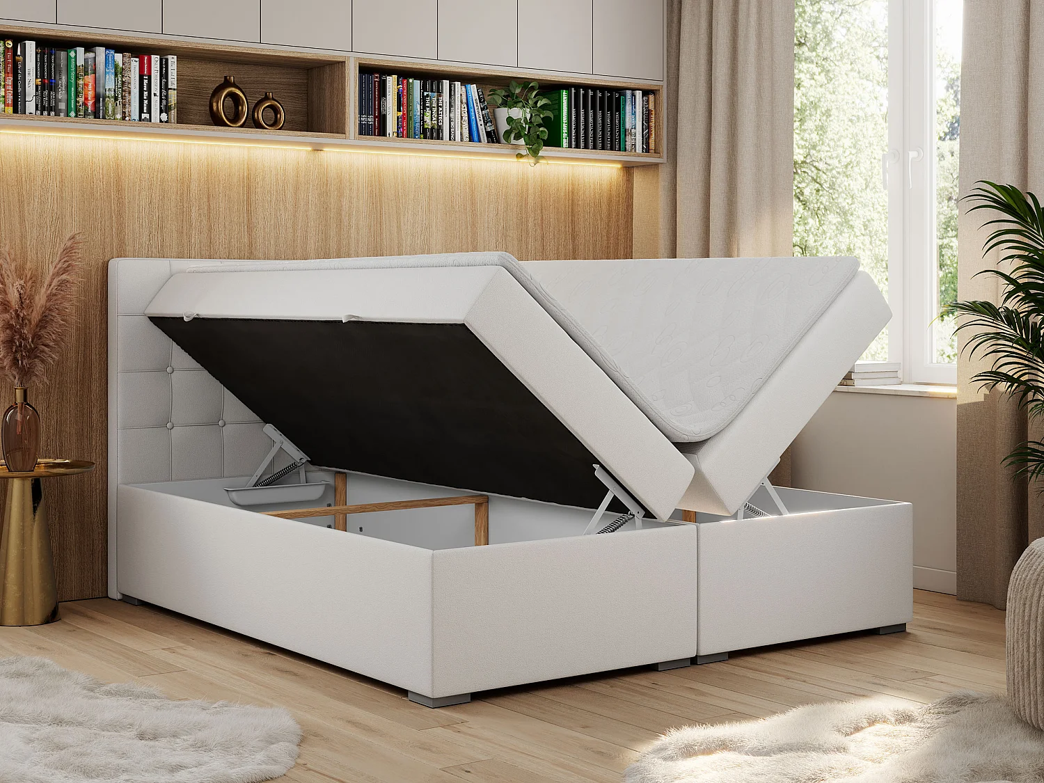 Boxspringbett CARMEN - Polsterbett mit zwei Bettkästen, gesteppte Kopfstütze, Multipocket-Matratze - 120x200 cm - H3 - Weiß Kunstleder