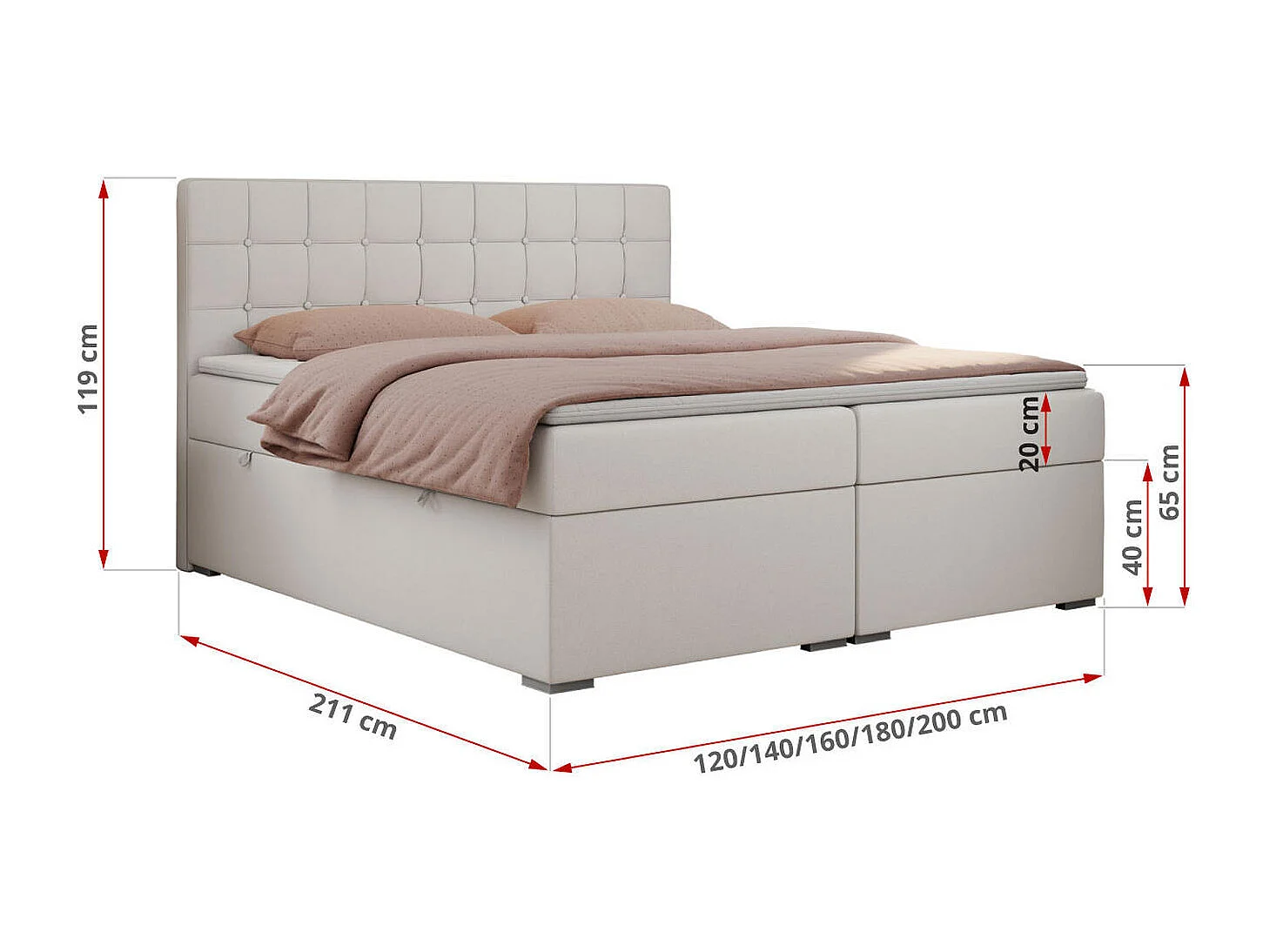 Boxspringbett CARMEN - Polsterbett mit zwei Bettkästen, gesteppte Kopfstütze, Multipocket-Matratze - 120x200 cm - H3 - Weiß Kunstleder