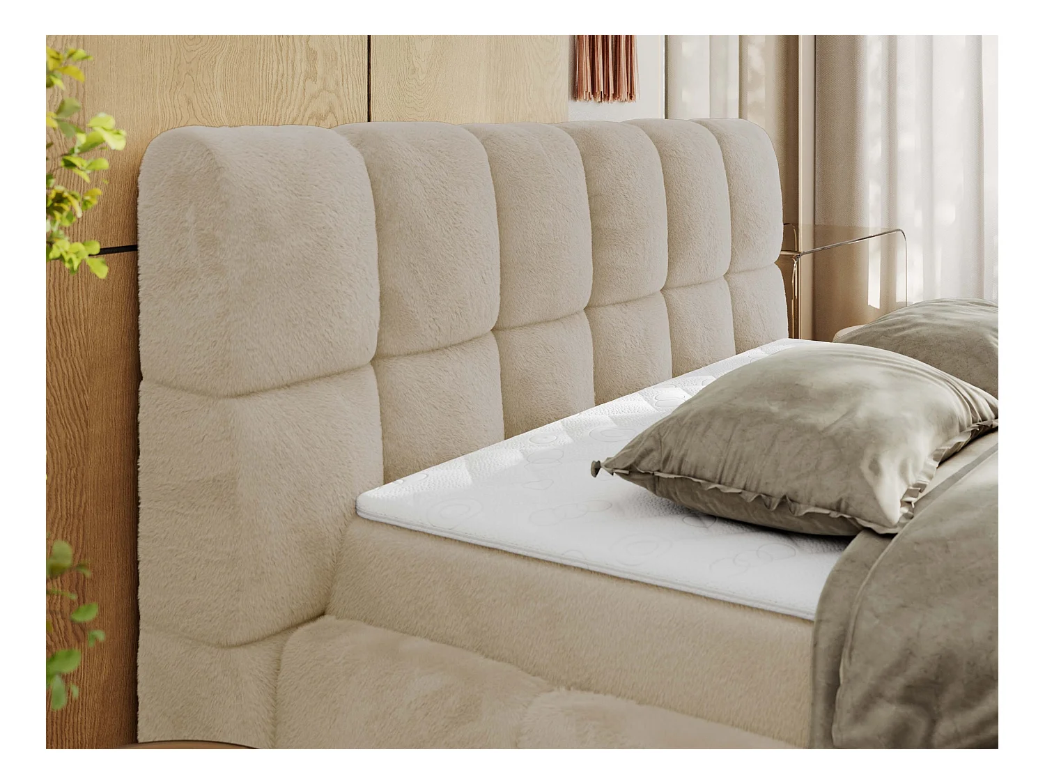 Boxspringbett NIRA - dekorativ kopfteil, Bettkästen und Multipocket-Matratze, Doppelbett für Schlafzimmer - 140x200 cm - H4 - Creme Plüsch