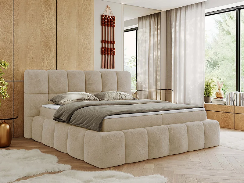 Boxspringbett NIRA - dekorativ kopfteil, Bettkästen und Multipocket-Matratze, Doppelbett für Schlafzimmer - 140x200 cm - H4 - Creme Plüsch