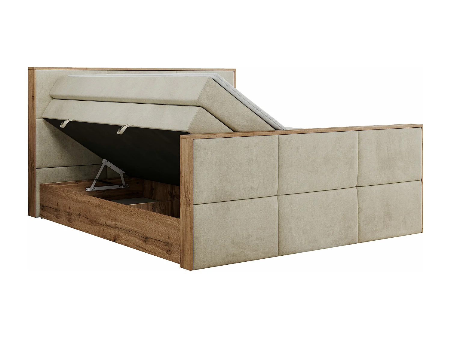 Boxspringbett ALBERO 2 KING DUO - Eiche Wotan Holzrahmen, zwei Multipocket-Matratzen, Bettkästen - 120x200 cm - H3 - Beige Velvet