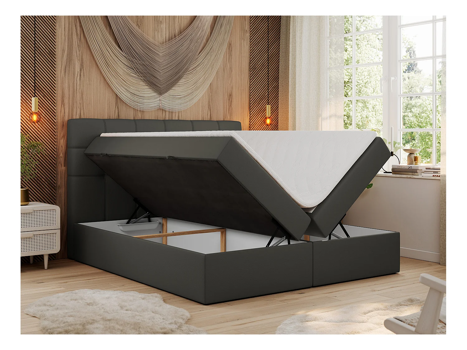 Boxspringbett ERNI - mit gestepptem Kopfteil, Polsterbett, Multipocket-Matratze und Topper, Bettkästen - 160x200 cm - H4 - Dunkelgrau Kunstleder