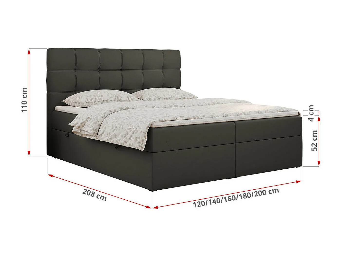 Boxspringbett ERNI - mit gestepptem Kopfteil, Polsterbett, Multipocket-Matratze und Topper, Bettkästen - 160x200 cm - H4 - Dunkelgrau Kunstleder