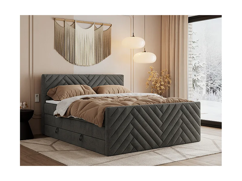 Boxspringbett PARIS KING DUO - dekorative Kopfstütze und Front, zwei Multipocket-Matratze mit Topper - 160x200 cm - H3 - Dunkelgrau Velvet