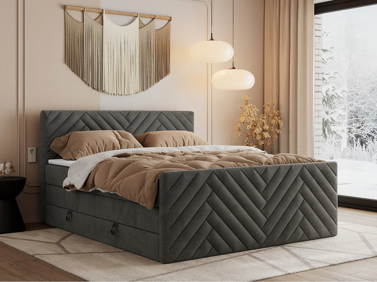 Boxspringbett PARIS KING DUO - dekorative Kopfstütze und Front, zwei Multipocket-Matratze mit Topper - 160x200 cm - H3 - Dunkelgrau Velvet