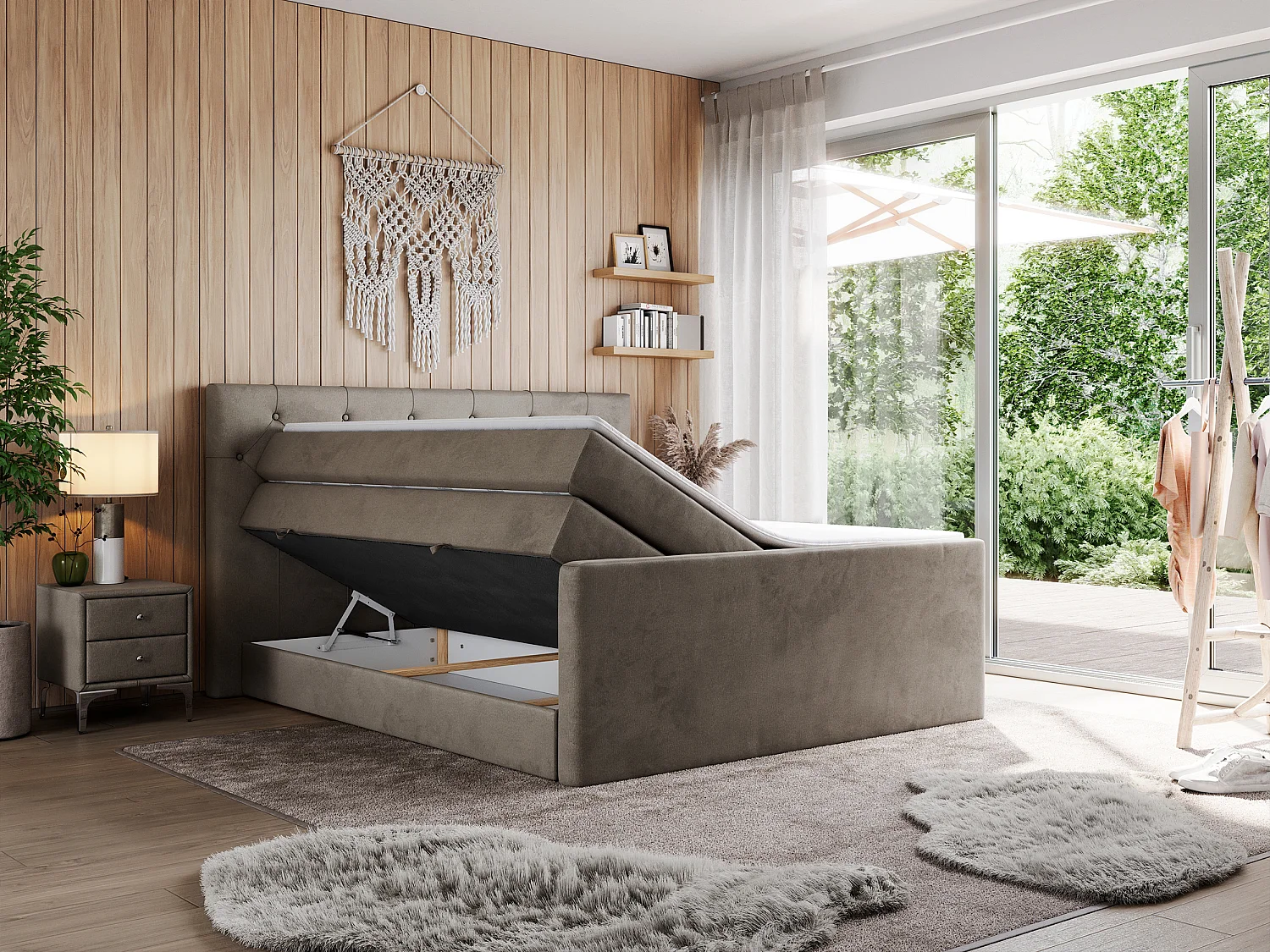 Boxspringbett VELEN KING - Doppelbett mit gestepptem Kopfteil, zwei Multipocket-Matratzen, Polsterbett mit Kopfstütze - 140x200 cm - H4 - Braun Velvet