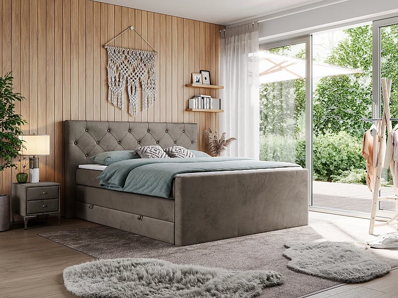 Boxspringbett VELEN KING - Doppelbett mit gestepptem Kopfteil, zwei Multipocket-Matratzen, Polsterbett mit Kopfstütze - 140x200 cm - H4 - Braun Velvet