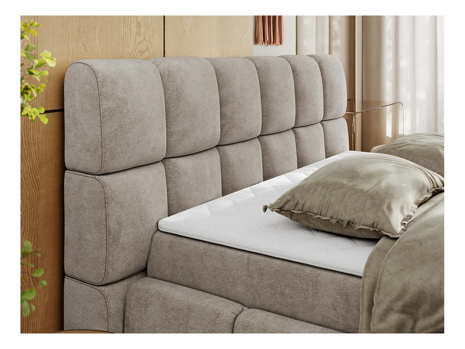 Boxspringbett NIRA - dekorativ kopfteil, Bettkästen und Multipocket-Matratze, Doppelbett für Schlafzimmer - 120x200 cm - H3 - Beige Strukture
