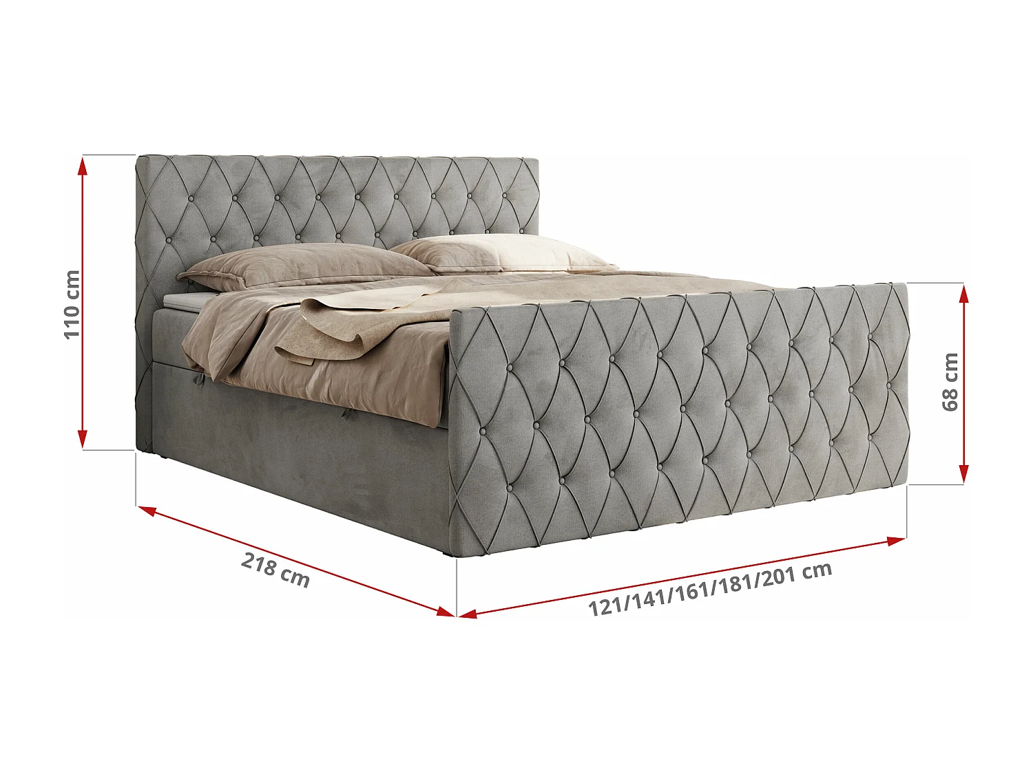 Boxspringbett MIREN DUO - mit gestepptem Kopfteil und Front, Multipocket-Matratze, zwei Bettkästen - 140x200 cm - H4 - Hellgrau Velvet