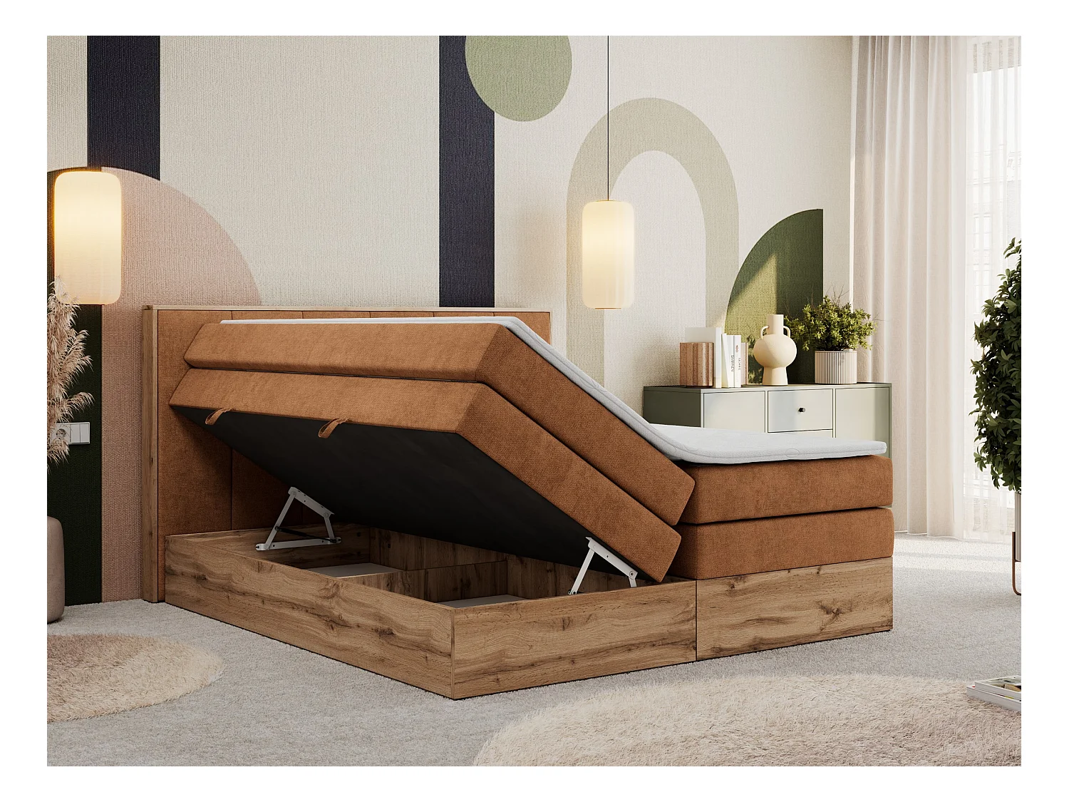 Boxspringbett ALBERO 1 KING - zwei 7 Härtezonen Multipocket-Matratzen, Doppelbett mit Stauraum, Eiche Wotan Holzrahmen - 160x200 cm - H3 - Orange Strukture