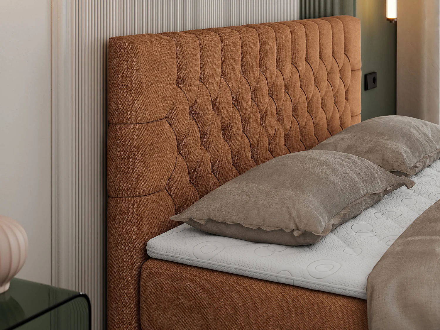 Boxspringbett PERA - gesteppte Kopfstütze, Multipocket-Matratze und Topper, Doppelbett mit Stauraum - 180x200 cm - H3 - Orange Strukture