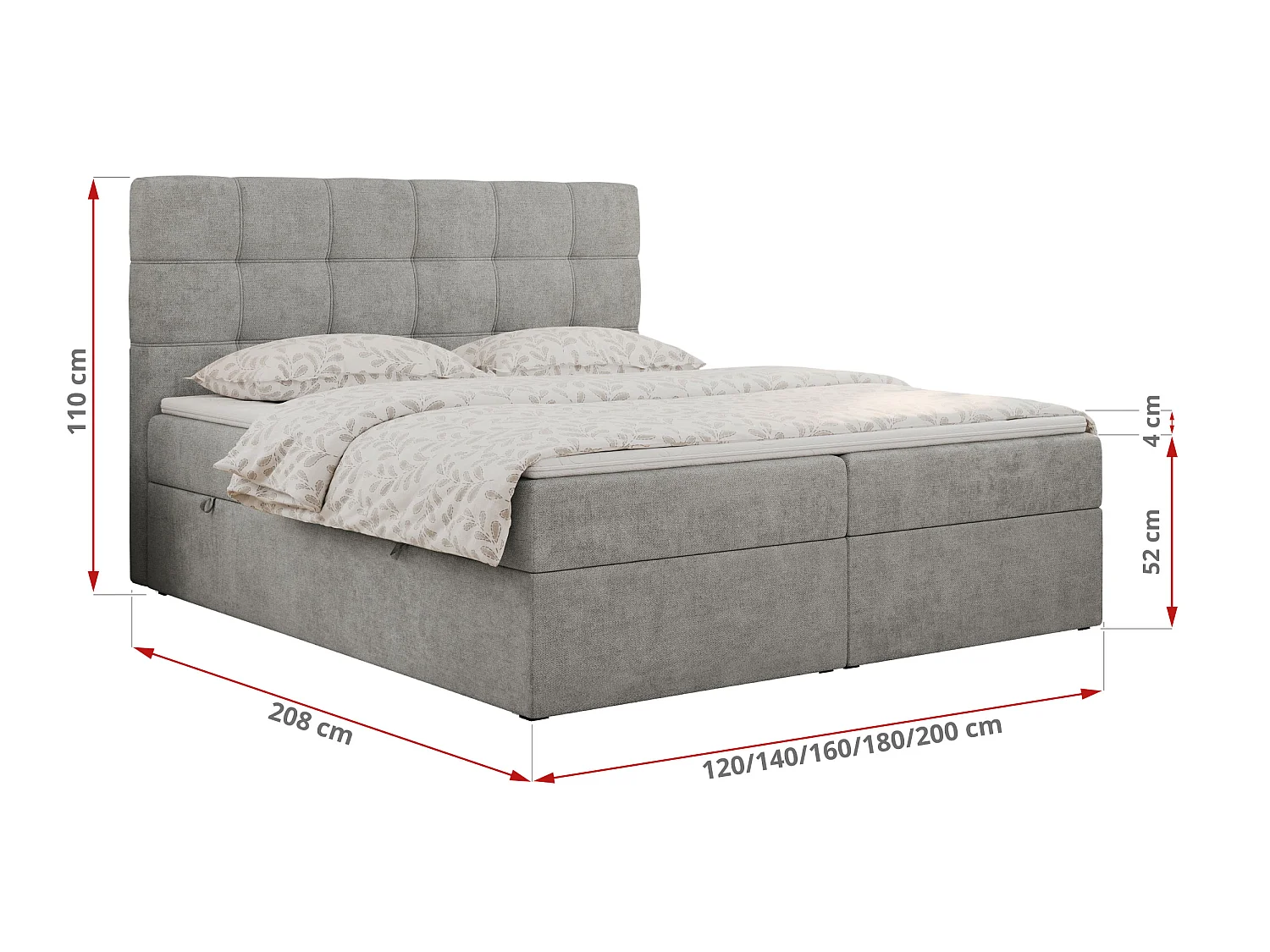 Lit boxspring - Dureté H4 + Topper T25 - Gris clair Tissu texturé - 140x200 - ERNI