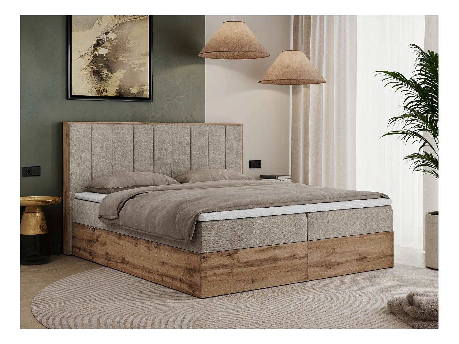 Boxspringbett BELLISSIMO - mit gestepptem Kopfteil, Polsterbett mit zwei Bettkästen, Multipocket-Matratze - 180x200 cm - H3 - Beige Strukture